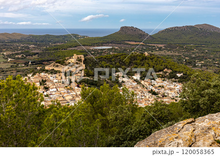 The Castle of Capdepra on the hill above the small town of Capdepera, Mallorca, Majorca, Balearic Islands, Spain, Europe 120058365