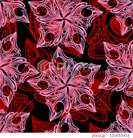 seamless pink and red pattern of abstract decorative elements on a black background, texture, design seamless pink and red pattern of abstract decorative elements on a black background, texture, design 120058458