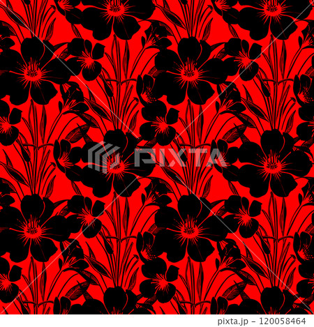seamless black and red floral pattern, monochrome ornament, design, texture 120058464