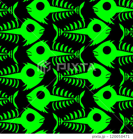 seamless pattern of green graphic fish skeletons on a black background, texture, design 120058471