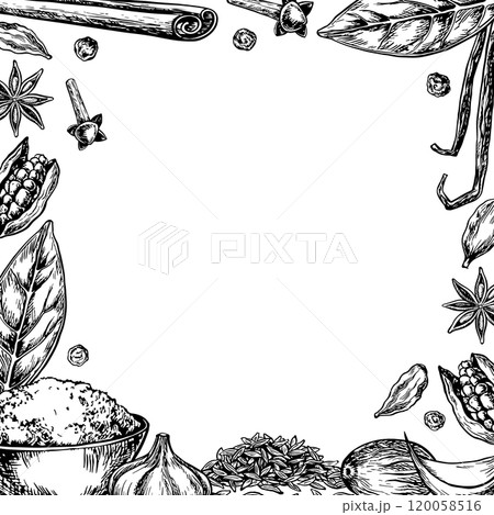 Frame with spices. Vector graphics depicting aromatic culinary spices of different types. Black and white hand-drawn illustrations. On a white background. For banners, menus, posters, labels, packages Frame with spices. Vector graphics depicting aromatic culinary spices of different types. Black and white hand-drawn illustrations. On a white background. For banners, menus, posters, labels, packages 120058516