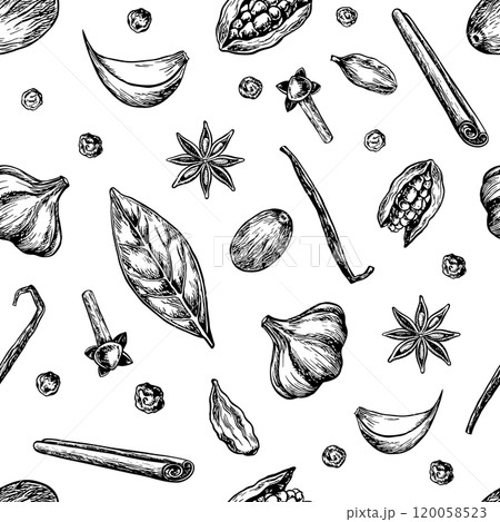 Seamless pattern with spices. Vector graphics with the image of aromatic culinary spices of different types. Black and white hand-drawn illustrations. On a white background. For menus, textiles, label 120058523