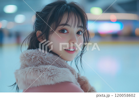 屋内リンクでスケートに挑戦する初心者女性｜リアルなイラスト 120058602