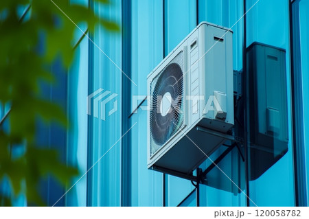 Air source heat pump installed in the wall of residential building Air source heat pump installed in the wall of residential building 120058782