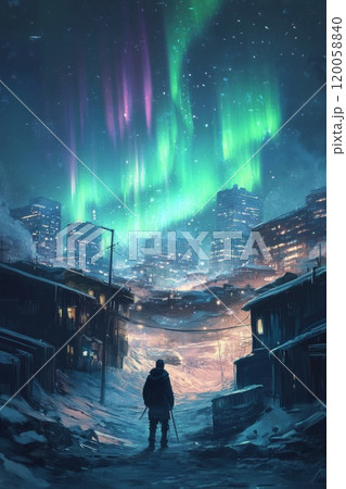 northern lights in a slum area of the city 120058840