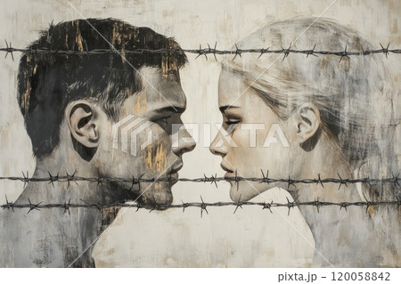 Portrait of a man and a woman looking at each other behind barbed wire 120058842