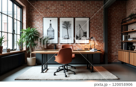 Modern office workspace with brick walls, stylish decor, and plants in a comfortable setting during daylight hours Modern office workspace with brick walls, stylish decor, and plants in a comfortable setting during daylight hours 120058906