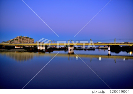 登戸 多摩川土手上流から見た小田急線の夕陽に映える車両 登戸 多摩川土手上流から見た小田急線の夕陽に映える車両 120059004