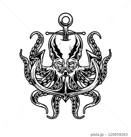 Illustration of octopus with anchor. Design element for poster, card, banner, emblem, sign. Vector illustration Illustration of octopus with anchor. Design element for poster, card, banner, emblem, sign. Vector illustration 120059263