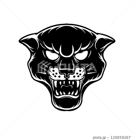 Illustration of panther head in engraving style. Design element for poster, card, banner, emblem, sign. Vector illustration 120059267