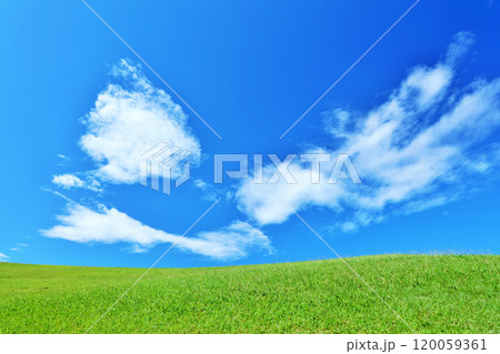 秋の青空と綺麗な草原風景 120059361