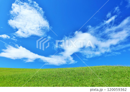秋の青空と綺麗な草原風景 120059362