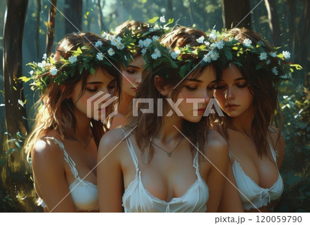 An ethereal, dreamlike scene of three young women in a forest, adorned with floral wreaths. Capturing the essence of sisterhood, unity, and natural beauty, bathed in soft sunlight amidst. 120059790