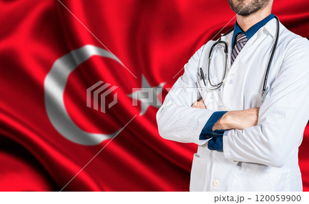 Health and care with the flag of Turkey. Turkish national health concept, Doctor with stethoscope on turkey flag 120059900