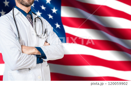 Health and care with the flag of United State. USA national health concept, Doctor with stethoscope on USA flag. Doctor arm holding stethoscope on USA flag 120059902