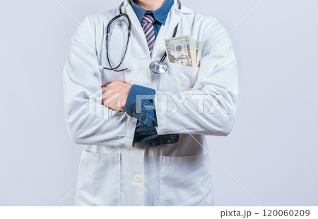 Corrupt doctor with bribe money in pocket isolated. Medical bribery concept. Bribed doctor with money in pocket isolated. Corrupt doctor with bribe money in pocket isolated. Medical bribery concept. Bribed doctor with money in pocket isolated. 120060209