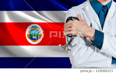 Doctor with stethoscope on Costa Rica flag. Health and care with flag of Costa Rica. Costa Rica national health concept 120060221