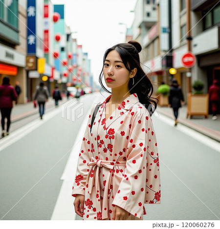 街中で写真を撮る女性 120060276