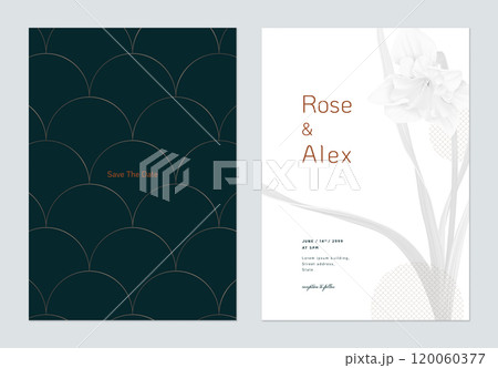 Floral wedding invitation card template design, grey daffodil flowers with leaves 120060377