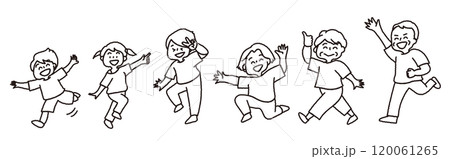 子どもからお年寄りまで元気に踊っている健康的な家族（線画・白塗り） 120061265