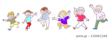 子どもからお年寄りまで元気に踊っている健康的な家族（カラー） 120061266