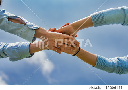 Concept of one hand over another forming a team, Concept of unity with the hands, palms together all for one and one for all, hands crossed in a concept of union. 120061314