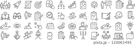 ベクターでモノクロのアクションプランに関する線画アイコンセット ベクターでモノクロのアクションプランに関する線画アイコンセット 120061495