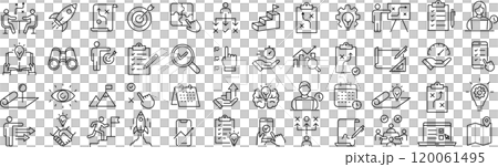 ベクターでモノクロのアクションプランに関する線画アイコンセット ベクターでモノクロのアクションプランに関する線画アイコンセット 120061495