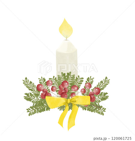 Watercolor Illustration Burning Candle with Branches and Red Berries, with Golden Bow. Digital Vintage Christmas Element for Printing and Web	 120061725