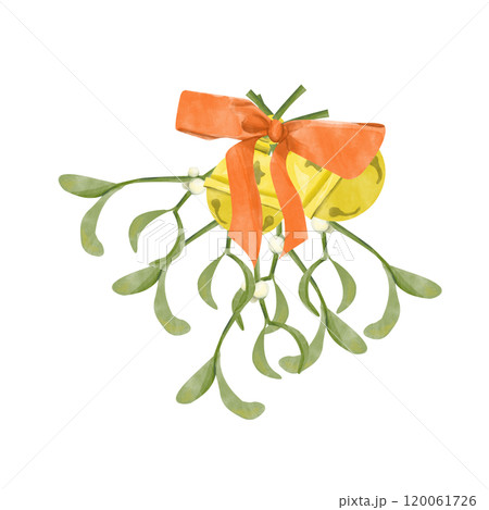 Watercolor Illustration Bouquet Mistletoe with White Berries, Golden Bells, Red Satin Bow. Digital Vintage Christmas Element for Printing and Web	 120061726