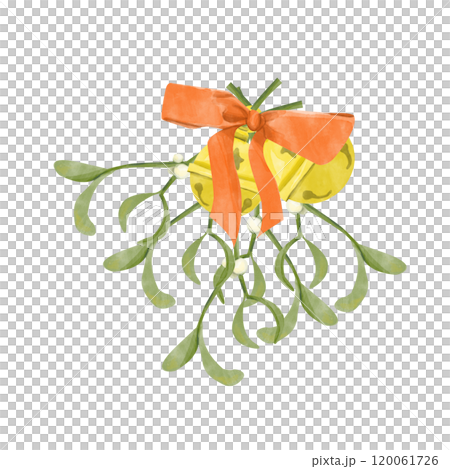 Watercolor Illustration Bouquet Mistletoe with White Berries, Golden Bells, Red Satin Bow. Digital Vintage Christmas Element for Printing and Web	 120061726