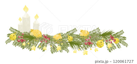 Watercolor Illustration Decoration with Fir Branches with Golden Bells, Christmas Tree Round Yellow Toys, Red Berries, Candles with Flame, Garland with Stars for Christmas Watercolor Illustration Decoration with Fir Branches with Golden Bells, Christmas Tree Round Yellow Toys, Red Berries, Candles with Flame, Garland with Stars for Christmas 120061727