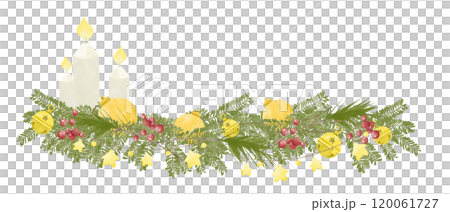 Watercolor Illustration Decoration with Fir Branches with Golden Bells, Christmas Tree Round Yellow Toys, Red Berries, Candles with Flame, Garland with Stars for Christmas Watercolor Illustration Decoration with Fir Branches with Golden Bells, Christmas Tree Round Yellow Toys, Red Berries, Candles with Flame, Garland with Stars for Christmas 120061727