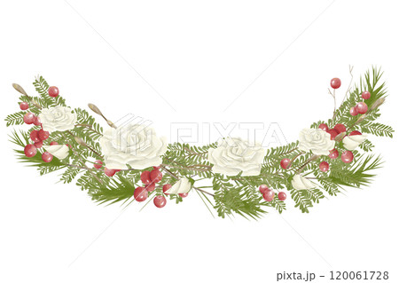 Watercolor Illustration Composition Decoration with White Roses, Green Branches of Christmas Tree, Red Berries. Digital Vintage Christmas Element for Printing and Web Watercolor Illustration Composition Decoration with White Roses, Green Branches of Christmas Tree, Red Berries. Digital Vintage Christmas Element for Printing and Web 120061728