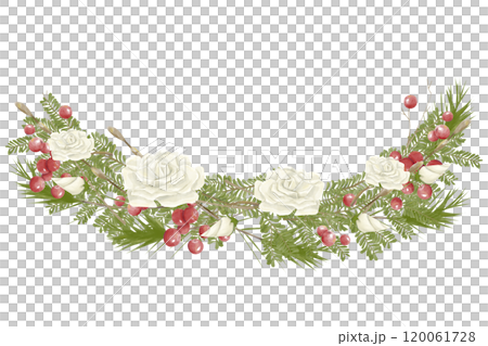 Watercolor Illustration Composition Decoration with White Roses, Green Branches of Christmas Tree, Red Berries. Digital Vintage Christmas Element for Printing and Web 120061728