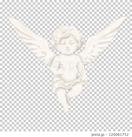Watercolor Angel Love Cupid Boy Statue with Wings Antique. Nostalgia Vintage Clipart for Valentine's Day Decoration. 120061752