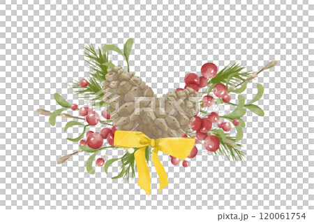 Watercolor Illustration Composition Fir Cones, Berries, Branches and Mistletoe Berries, Golden Bow. Digital Vintage Christmas Element for Printing and Web 120061754