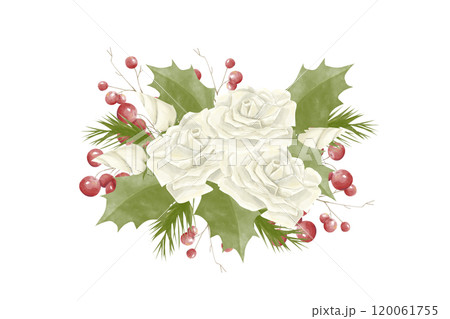 Watercolor Illustration Composition Bouquet with White Roses, Green Holly Leaves, Spruce Branches, Red Berries. Digital Vintage Christmas Element for Printing and Web 120061755