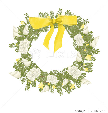 Watercolor Illustration Wreath with Pine Branches, White Roses and Buds, Garland with Golden Stars, with Golden Satin Big Bow. Digital Vintage Christmas Element for Printing and Web Watercolor Illustration Wreath with Pine Branches, White Roses and Buds, Garland with Golden Stars, with Golden Satin Big Bow. Digital Vintage Christmas Element for Printing and Web 120061756