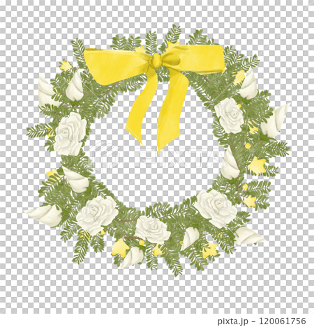 Watercolor Illustration Wreath with Pine Branches, White Roses and Buds, Garland with Golden Stars, with Golden Satin Big Bow. Digital Vintage Christmas Element for Printing and Web Watercolor Illustration Wreath with Pine Branches, White Roses and Buds, Garland with Golden Stars, with Golden Satin Big Bow. Digital Vintage Christmas Element for Printing and Web 120061756
