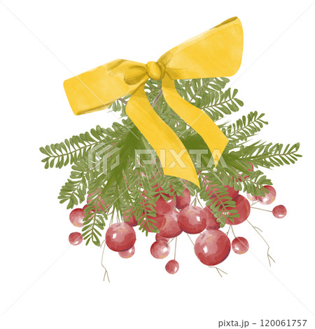 Watercolor Illustration Red Berries Bunch with Fir Tree Branches and Gold Satin Bow with Ribbons. Digital Vintage Christmas Element for Printing and Web 120061757