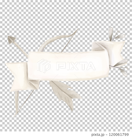 Watercolor Illustration Banner Scroll with Bow, Arrow and Plant Branches, Valentine's Day Attribute, Copy Space their image For Printing and Web Design Postcards, Posters Watercolor Illustration Banner Scroll with Bow, Arrow and Plant Branches, Valentine's Day Attribute, Copy Space their image For Printing and Web Design Postcards, Posters 120061799