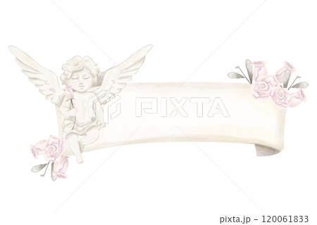 Watercolor Illustration Banner Parchment with Cupid Antique, Pink Roses, Silver Leaves, Valentine's Day Attribute, Copy Space Image For Printing and Web Design Watercolor Illustration Banner Parchment with Cupid Antique, Pink Roses, Silver Leaves, Valentine's Day Attribute, Copy Space Image For Printing and Web Design 120061833