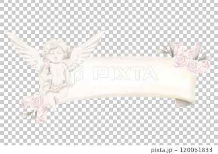 Watercolor Illustration Banner Parchment with Cupid Antique, Pink Roses, Silver Leaves, Valentine's Day Attribute, Copy Space Image For Printing and Web Design Watercolor Illustration Banner Parchment with Cupid Antique, Pink Roses, Silver Leaves, Valentine's Day Attribute, Copy Space Image For Printing and Web Design 120061833