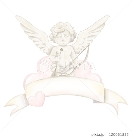 Watercolor Illustration Banner Ribbon with Cupid Antique, Bow, Arrow, Pink Hearts, Valentine's Day Attribute, Copy Space Image For Print and Web Design Watercolor Illustration Banner Ribbon with Cupid Antique, Bow, Arrow, Pink Hearts, Valentine's Day Attribute, Copy Space Image For Print and Web Design 120061835