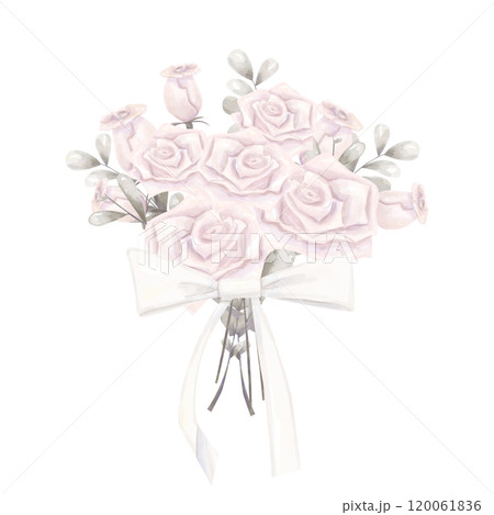 Watercolor Digital Illustration Bouquet with Pink Roses, Buds, Silver Twigs and Leaves, White Satin Bow with Ribbons, Valentine's Day Attribute, Element for Print and Web Design Watercolor Digital Illustration Bouquet with Pink Roses, Buds, Silver Twigs and Leaves, White Satin Bow with Ribbons, Valentine's Day Attribute, Element for Print and Web Design 120061836