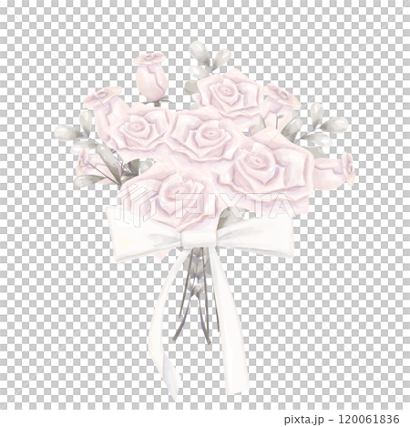 Watercolor Digital Illustration Bouquet with Pink Roses, Buds, Silver Twigs and Leaves, White Satin Bow with Ribbons, Valentine's Day Attribute, Element for Print and Web Design Watercolor Digital Illustration Bouquet with Pink Roses, Buds, Silver Twigs and Leaves, White Satin Bow with Ribbons, Valentine's Day Attribute, Element for Print and Web Design 120061836