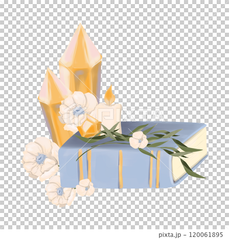 Illustration Composition with Book, Golden Crystals, Candle with Fire, Long Leaved Branches, Anemone Flowers. Element from the Magic Library Collection. 120061895