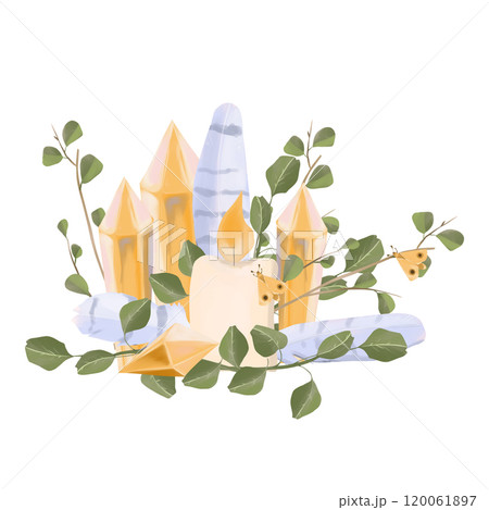 Illustration Composition with Green Leaves, Golden Crystals, Beige Candle, Lavender Feathers and Golden Butterflies. Element from the Magic Library Collection. 120061897