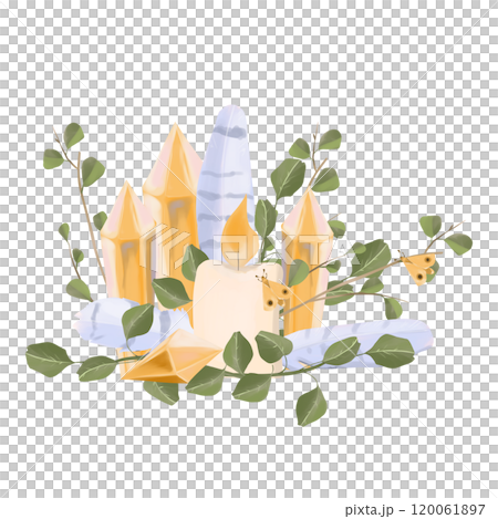 Illustration Composition with Green Leaves, Golden Crystals, Beige Candle, Lavender Feathers and Golden Butterflies. Element from the Magic Library Collection. 120061897
